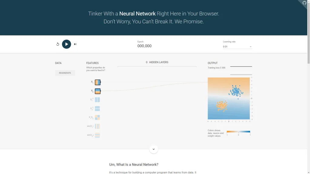 【Google ML】24 - Lab 4 - TensorFlow Playground - 讓我們在視覺化的網頁中體驗一下訓練ML模型吧!learning rate 改變對訓練過程的影響